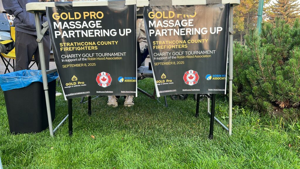 gold pro massage banner partnering with strathcona firefighters for robinhood association