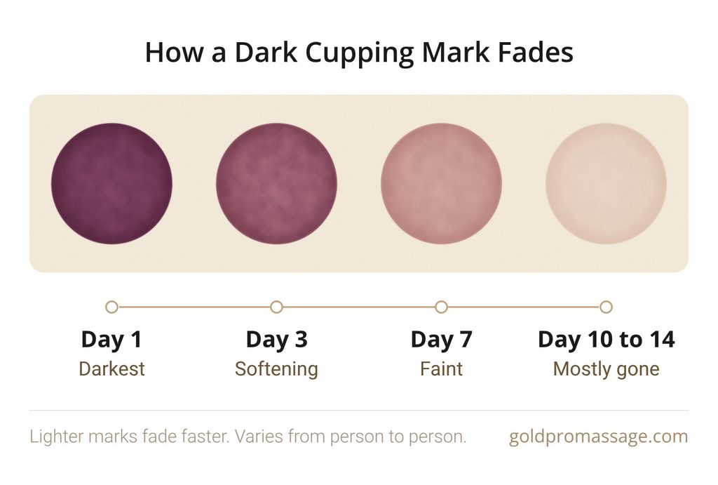 How a dark cupping mark fades: dark plum on day 1, softening by day 3, faint by day 7, and mostly gone by day 10 to 14